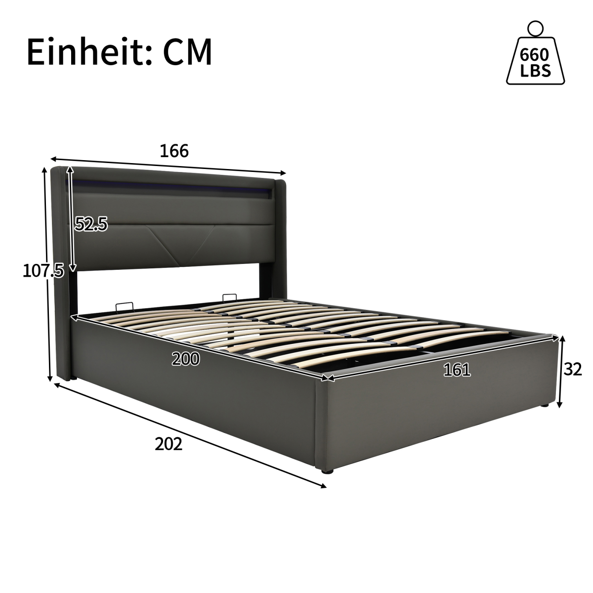 Hydraulic Storage Bed With LED Lighting Strip, Double Bed Bed Frame Upholstered Bed 160x200cm, Functional Bed, Grey  With Remote Control