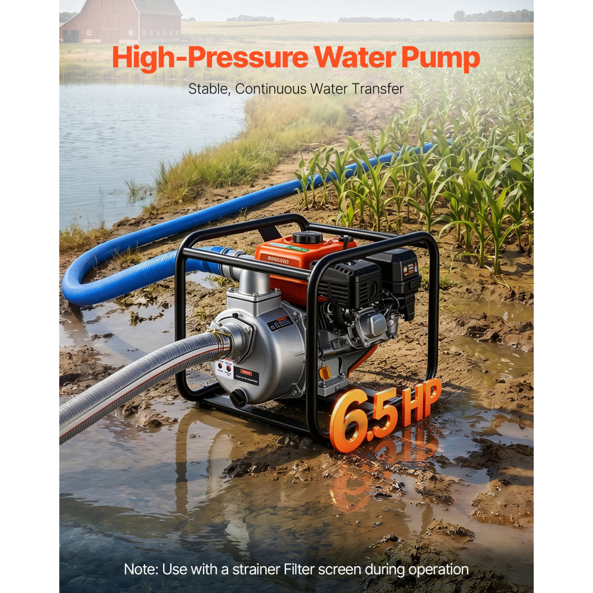 Gas Powered Water Pump, 2 In, 132 GPM 6.5HP Semi Trash Water Transfer Pump Portable, Gasoline Engine With 25 Ft Discharge Hose, Heavy Duty Frame, Cast Iron Impeller, For Irrigation, Ponds, Pools