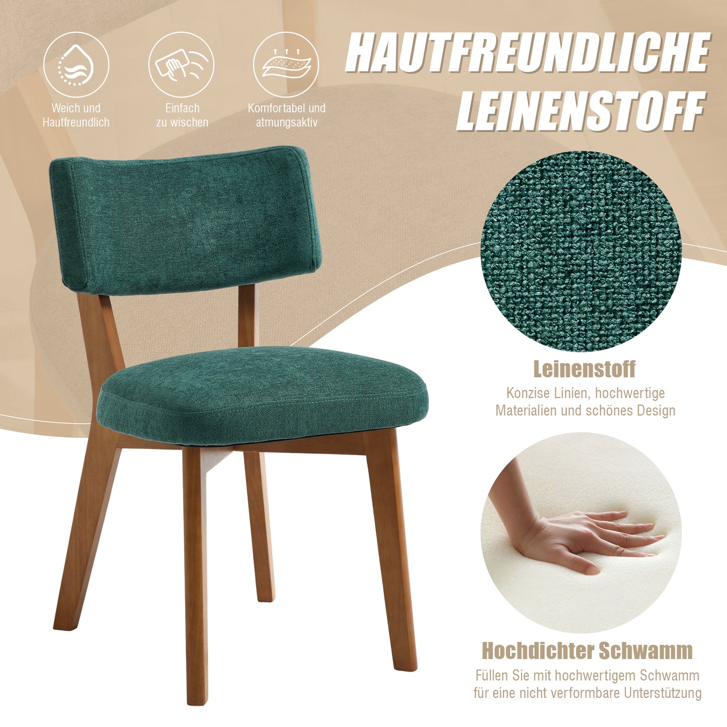 Mid-Century Modern Dining Chair Set Of 2, Solid Wood Legs Fabric Upholstered Seat For Kitchen, Dining Room Or Office Green Linen