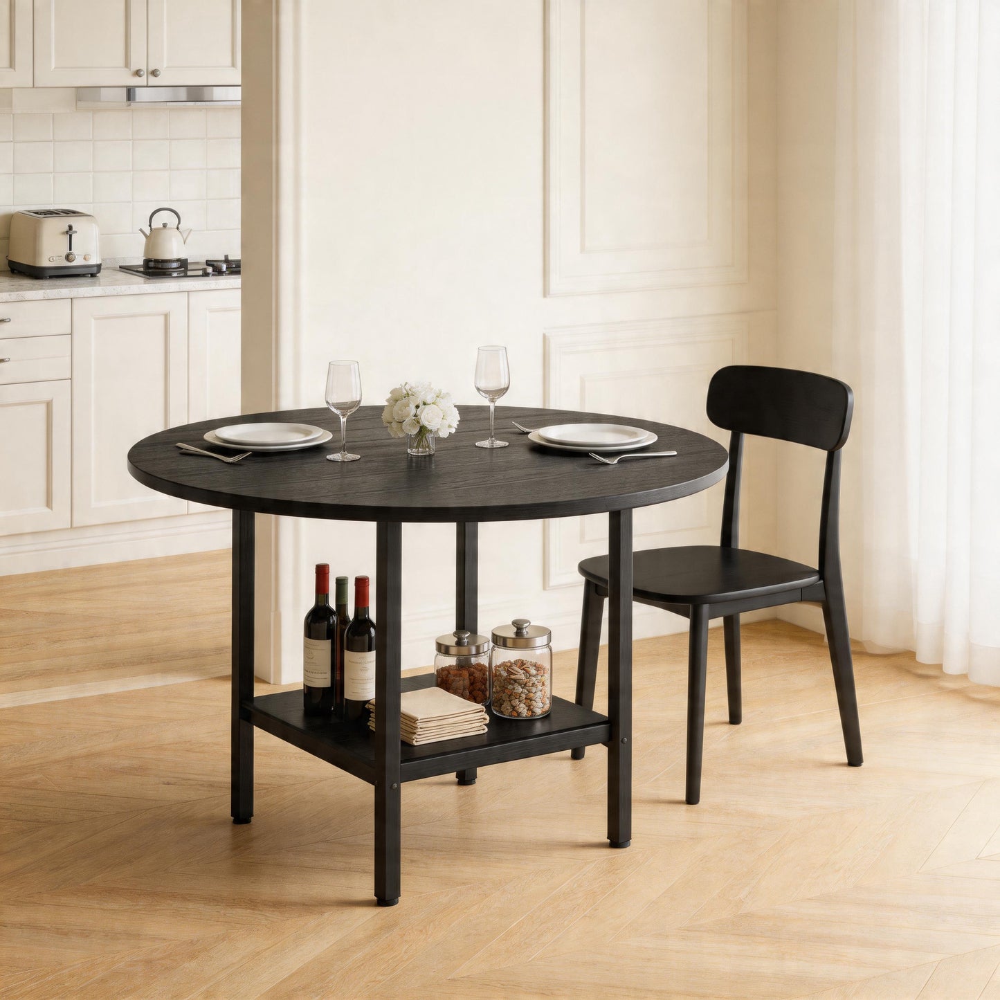 Modern Round Dining Table With Storage Shelf, Black Wood Grain And Black Metal Frame, Suitable For 4-6 People Dining Set, Ideal For Kitchen, Dining Room And Small Rooms