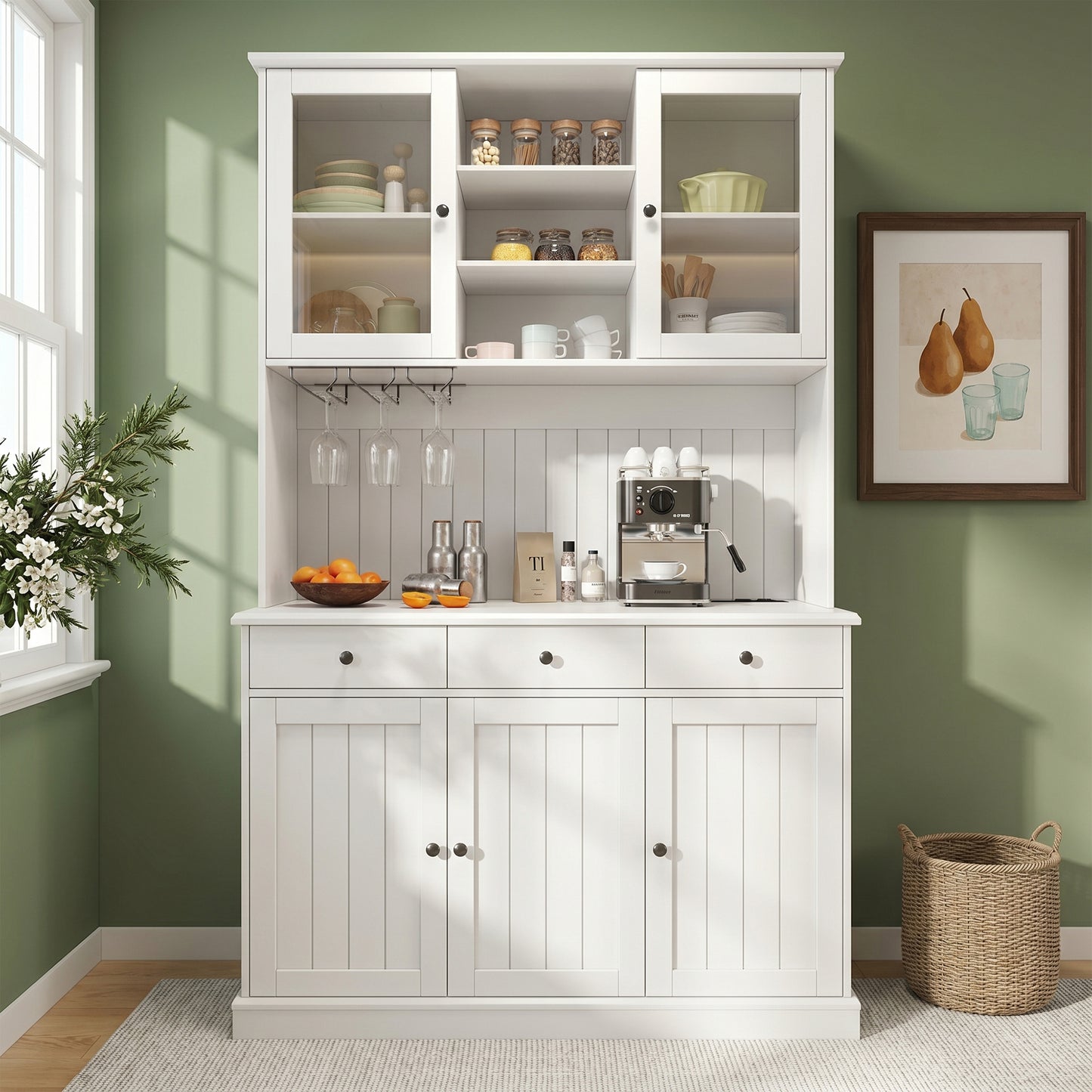 Kitchen Cabinets   120 X 40 X 191 Cm  , Tall Kitchen Cabinets, Sideboards,  Features Include A Power Outlet   2 Power Outlets  USB-A  USB-C   And A Wine Glass Holder, Adjustable Shelves,  White