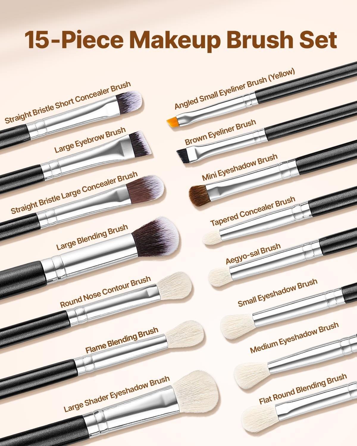 15-Piece Makeup Brush Set For Foundation Blending Eyeshadow, Professional Vegan Brushes With Soft Synthetic Bristles, Ergonomic Wood Handle & Aluminum Ferrule, Portable And Travel-Friendly