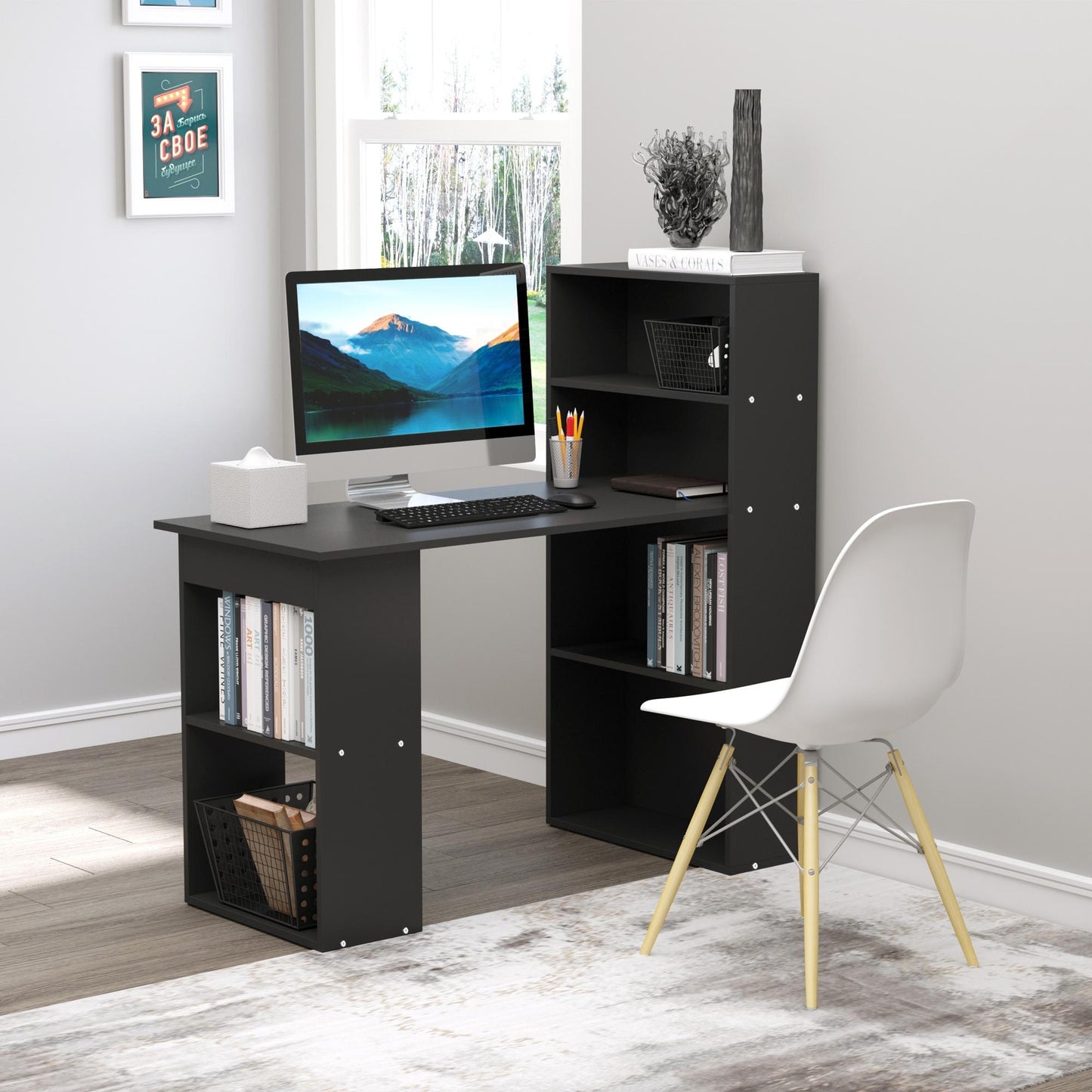 120cm Computer Desk, Wooden PC Laptop Table With 6-Tier Storage Bookshelves, Home Office Working Study Desk, Writing Workstation, Black