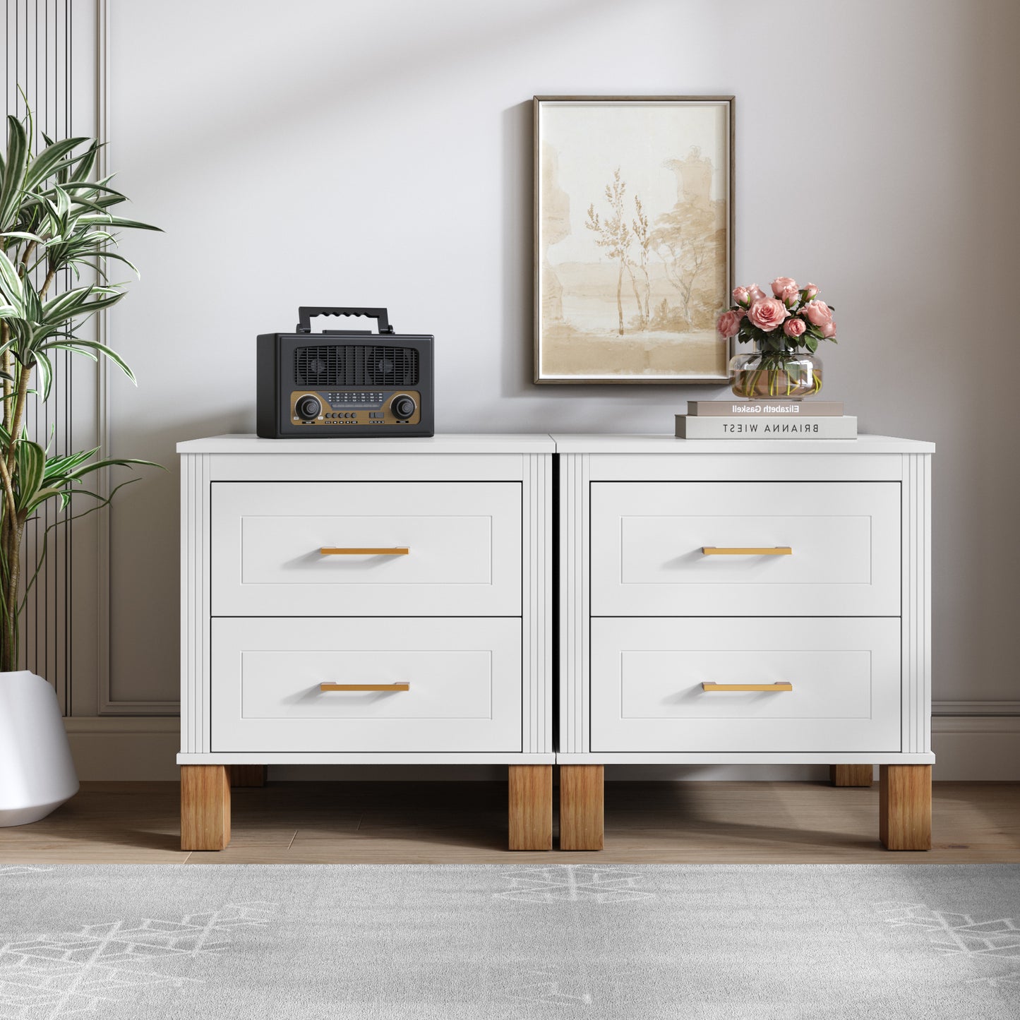 2 Drawer Nightstand, Premium Wood Storage With Elegant Fluted Design, Solid Wood Legs Nightstand With Metal Handle, Tall Bedside Table For Bedroom Living Room, White