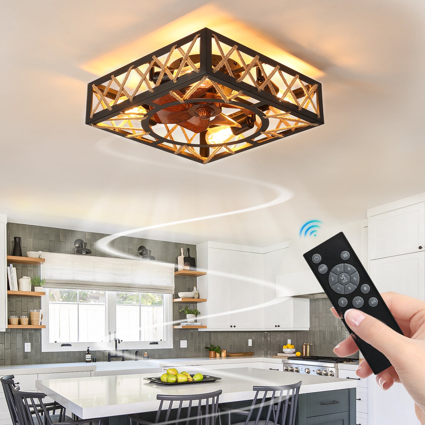 Farmhouse Rustic Ceiling Fan And Remote Control,Square Caged Industrial Ceiling Fixture With 6 Speeds & Noiseless DC Motor For Kitchen Dining Room Living Room Bedroom