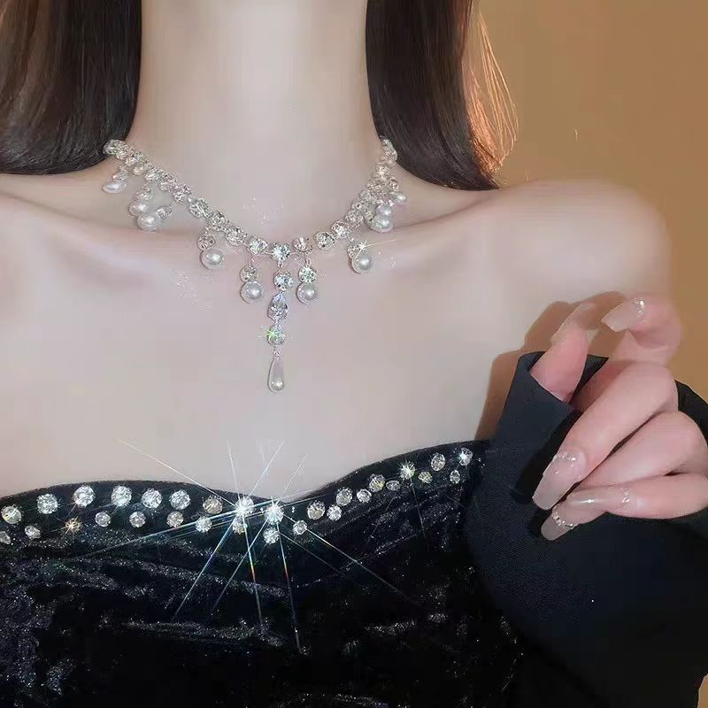 Full Zirconium Pearl Tassel Accessories Female Necklace