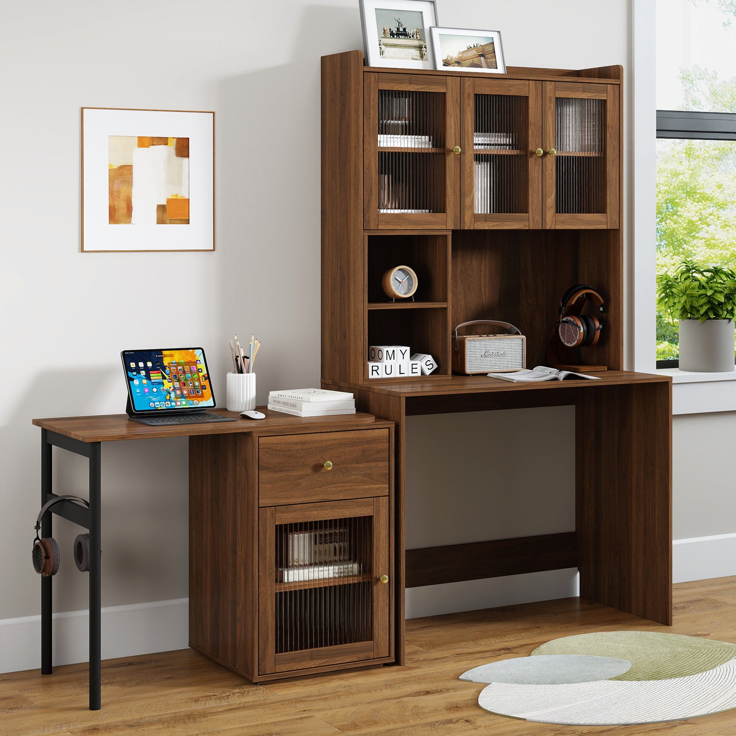 Computer Desk With Glass Door For Home Office Or Study Desk,  Bookshelf & Hutch, Computer Desk With 90 Degree Rotating Desktop,Large Working Space