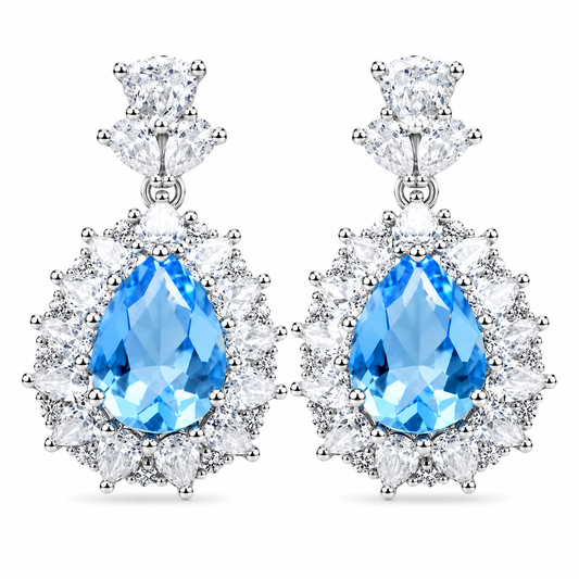 Pear Shaped Sky Blue Gem Double Halo Dangle Drop Earrings For Women, Copper Silver Plated Marquise White Crystal Vintage Bridal Banquet Statement Jewelry Gift