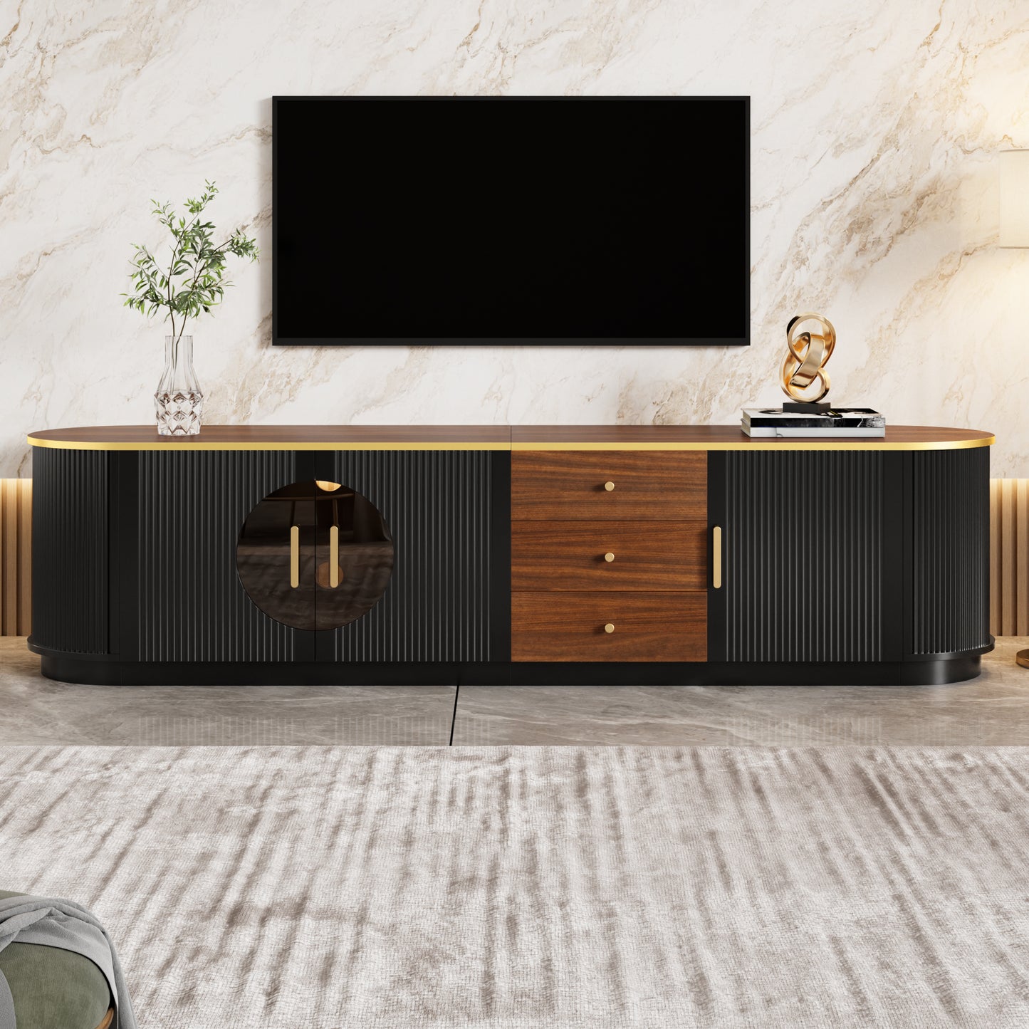 Luxury Style TV Cabinet, Lowboard, Amber Glass, MDF Body, Aluminum Handles, Rounded Edges, Vertical Groove Look