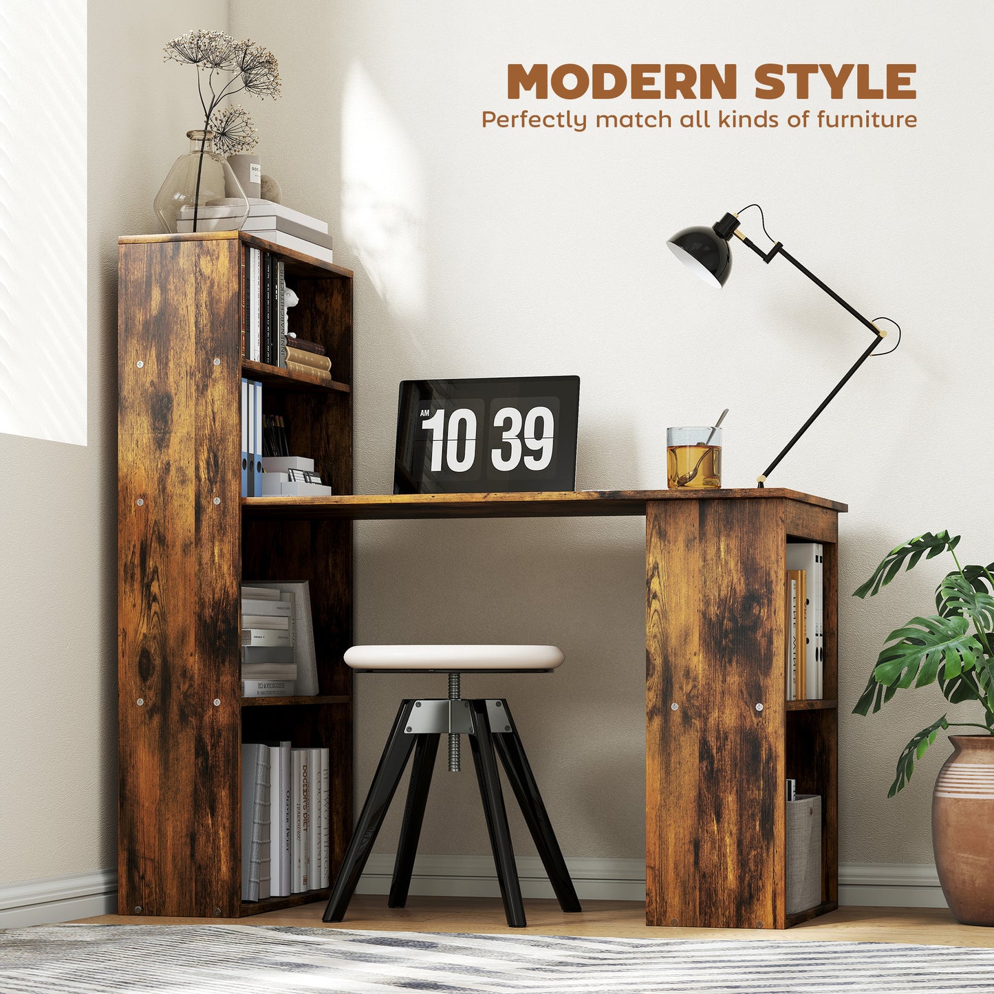 120cm Computer Desk, Wooden PC Laptop Table With 6-Tier Storage Bookshelves, Home Office Working Study Desk, Writing Workstation, Rustic Brown Wood-Effect
