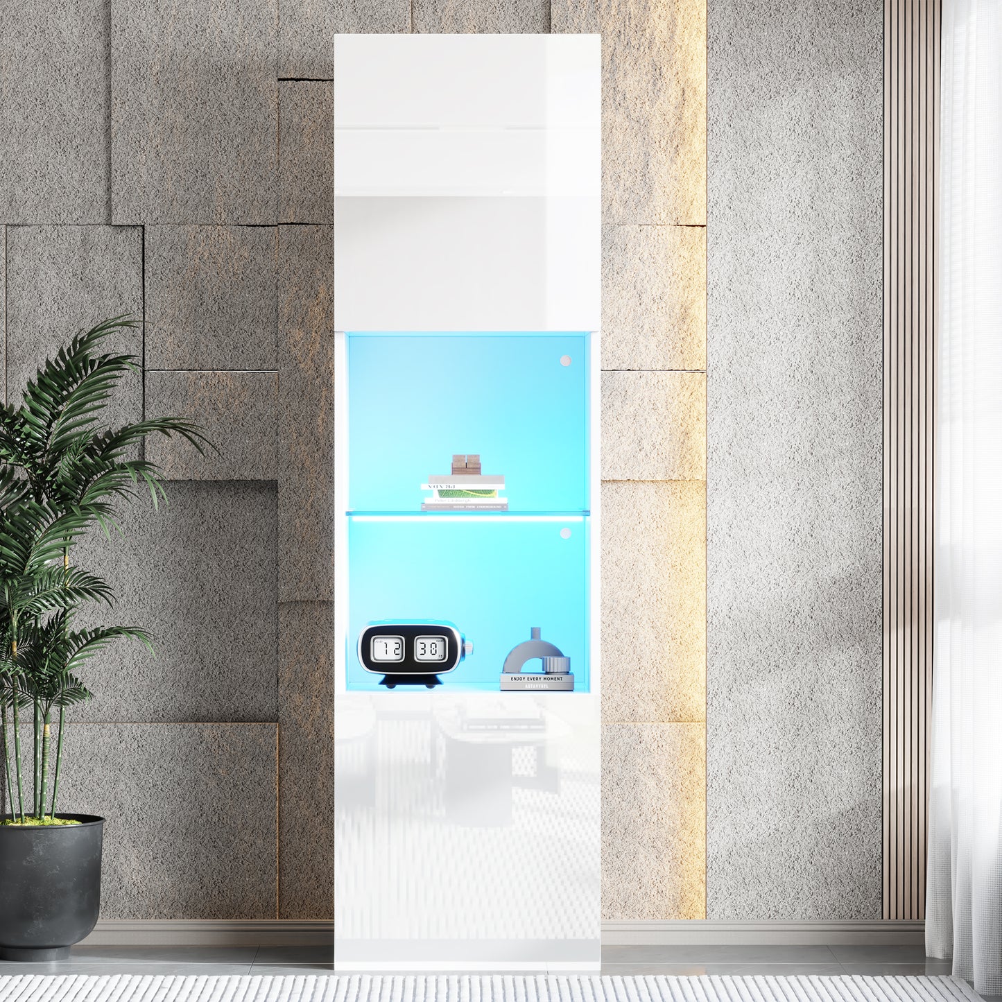 White High Gloss Display Case With LED Lighting, 1 Glass Shelves, 45x35x160 Cm, Display Cabinets, Freestanding Display Cabinets, Tall Cabinets, Storage Cabinets