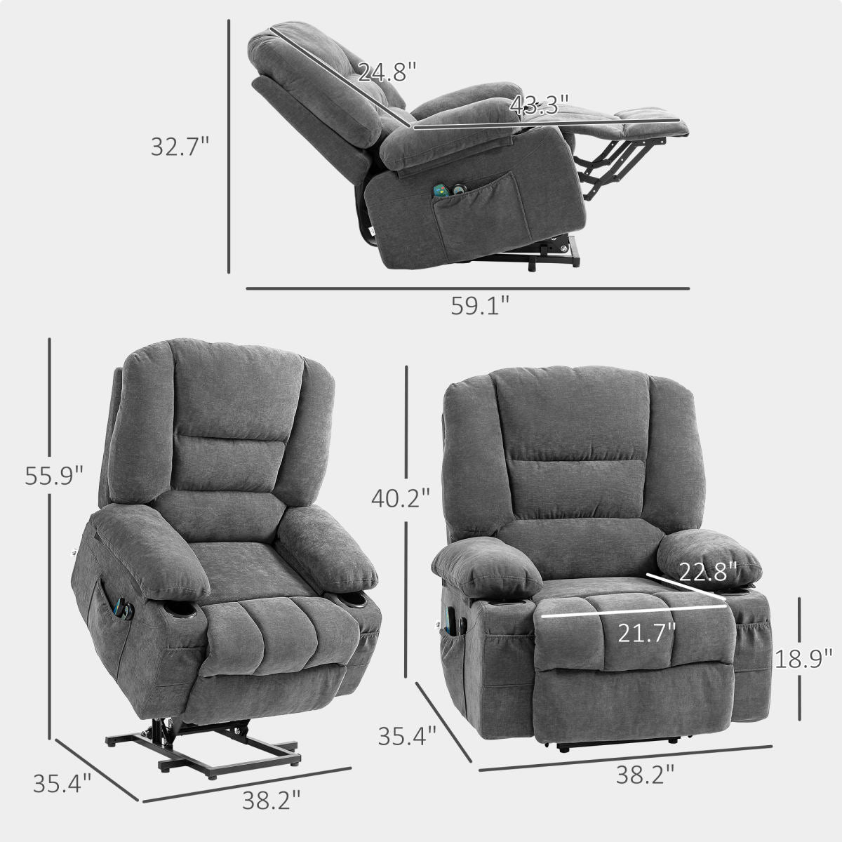Power Lift Chair, Electric Recliner Chair with Vibration Massage, Heat, Side Pockets, Quick Assembly, Charcoal Gray