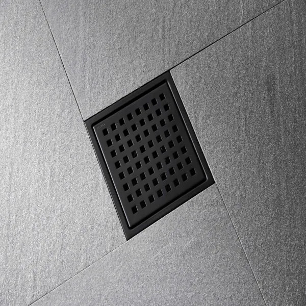 6 Inch Square Shower Drain With Removable Square Patterned Grate, 304 Stainless Steel With Flange And Hair Strainer, Matte Black