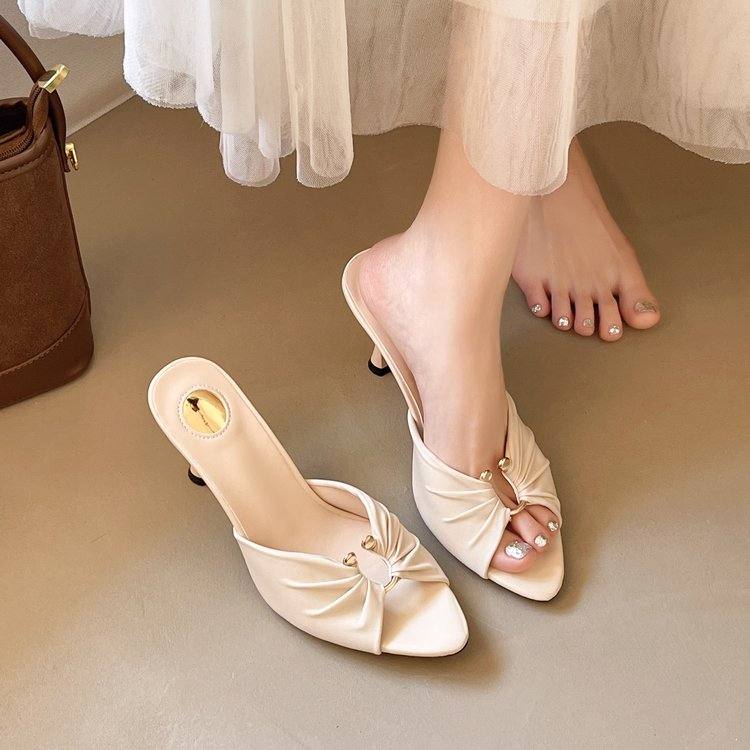 Elegant Nude Stiletto One-Strap Sandals For Women, Wrinkle Open Toe Roman High Heels For Outdoor Wear