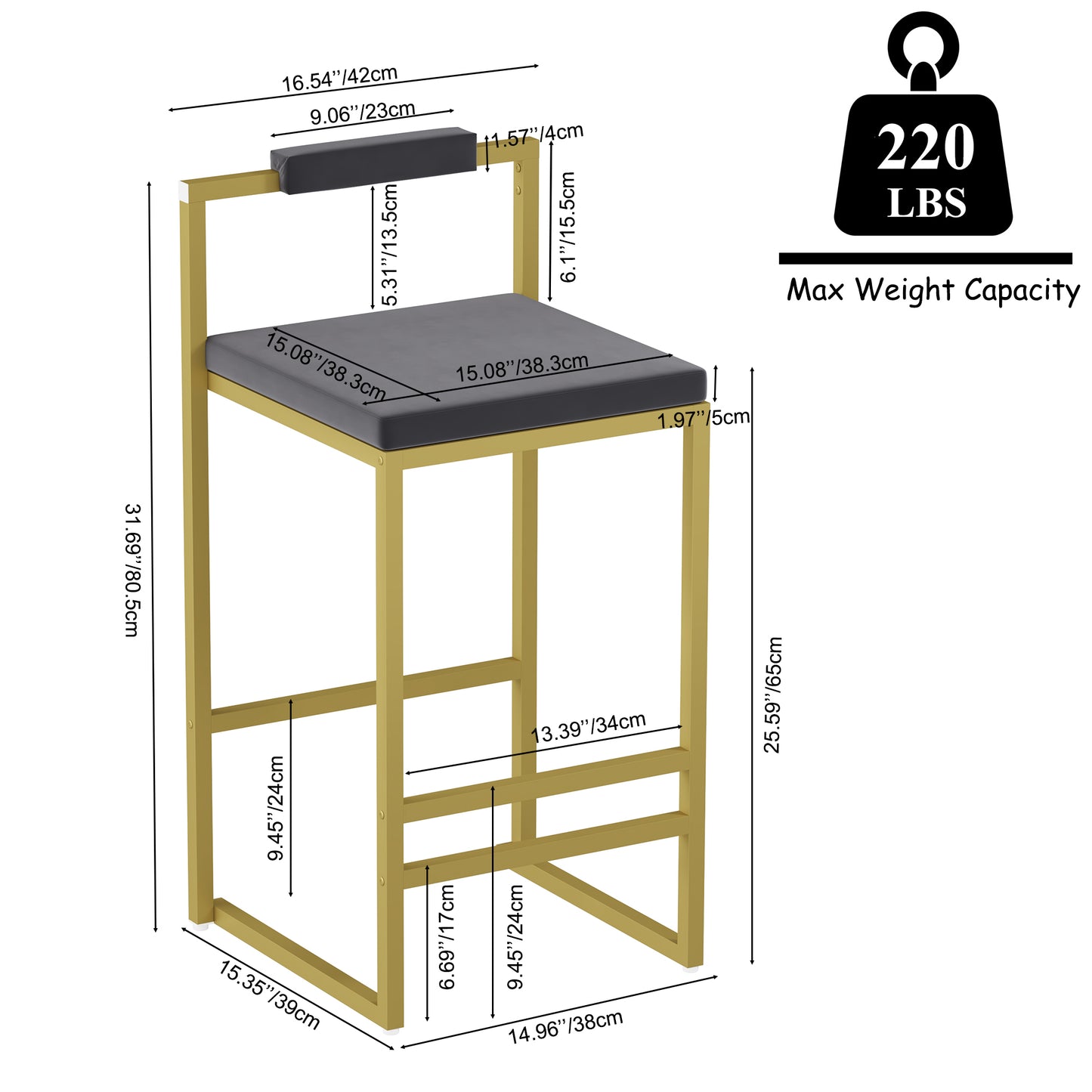 Set Of 2 Bar Stools With Backrest & Footrest Counter Height Velvet Upholstered Dining Chairs For Kitchen Island  Gold & Gray