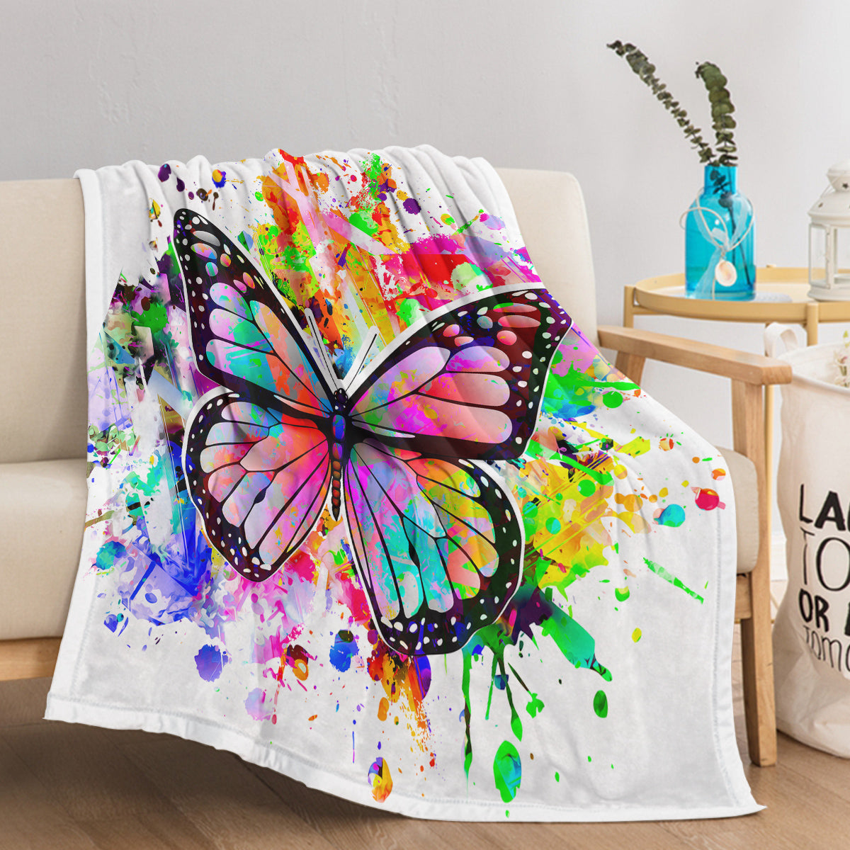Colorful Butterfly Throw Blanket Watercolor Animal Butterfly Blankets Soft Flannel Throw, Gifts For Butterfly Lovers,Lightweight Flannel Throw Blankets