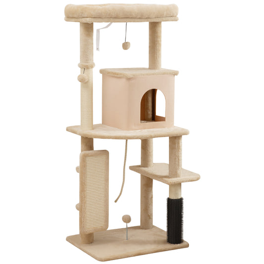 PawHut 132cm Cat Tree W Scratching Posts, Pad, Cat Bed, Cat House, Jumping Platform, Grooming Brush, Anti-Tip Kit, Beige