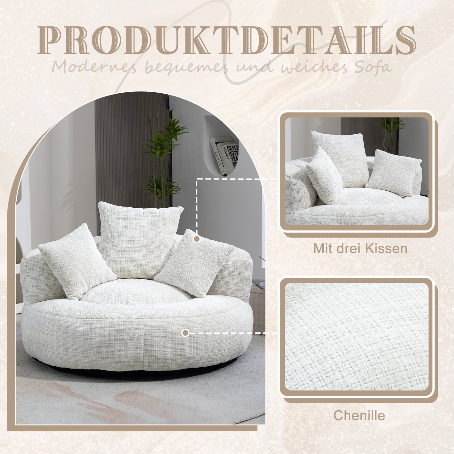Lazy Sofa Durable Comfort Lounger High Back Bean Bag Chair Couch With Three Cushions For Adults And Kids, Indoor & Outdoor, Single Gaming Sofa Chair For Bedroom, Office  Beige Chenille