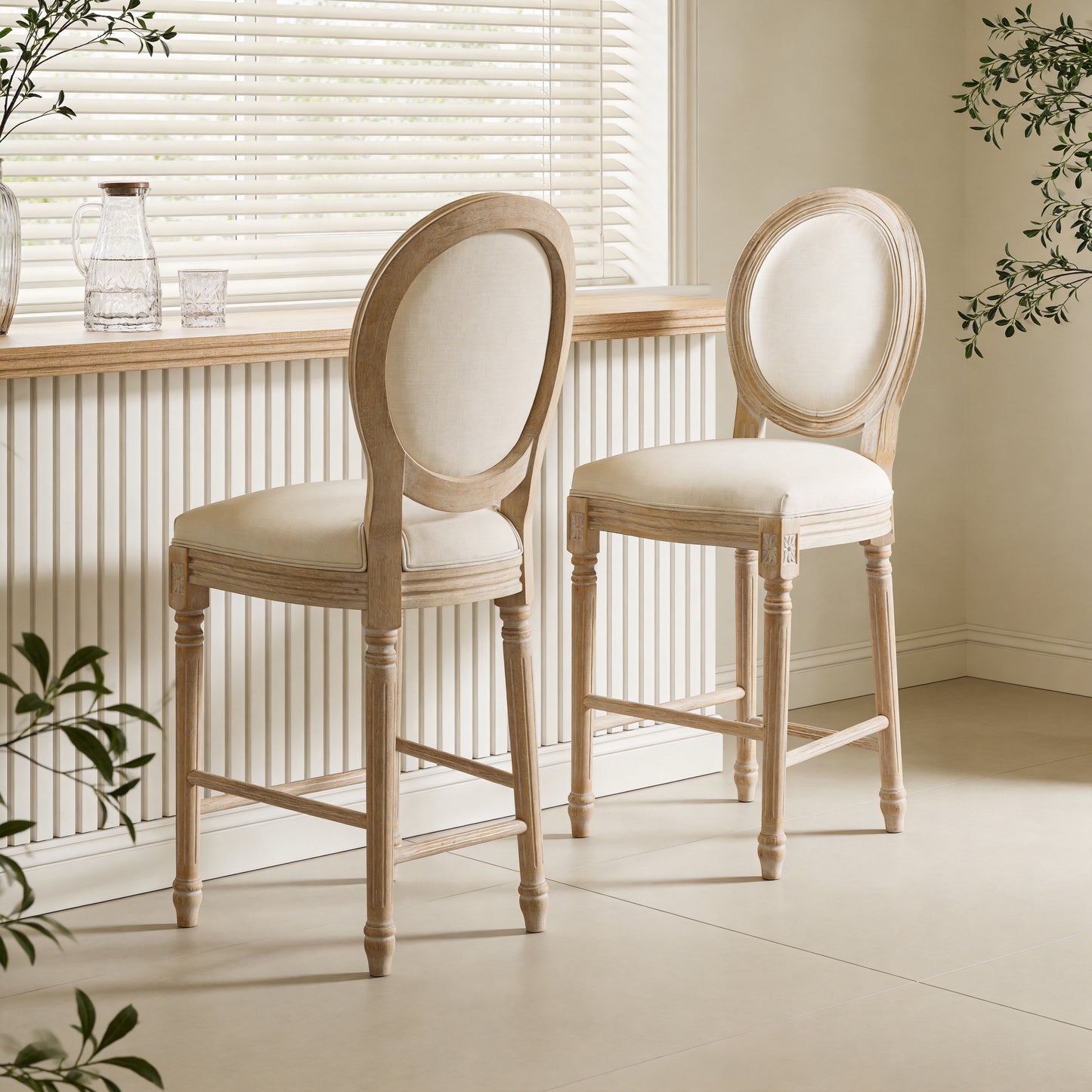 French Country 26  Height Bar Chairs Set Of 2, Upholstered  Chairs With  Round Back, Wire Drawing And Carving Techniques ,Disassemblable ,  For Living Room, Kitchen , Restaurant Use, Beige