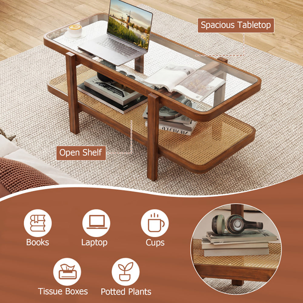 2-Tier Coffee Table With Storage And Tempered Glass Tabletop PE Rattan Anti-fading, Tear-proof For Office, Waiting Room, Or Reception Room