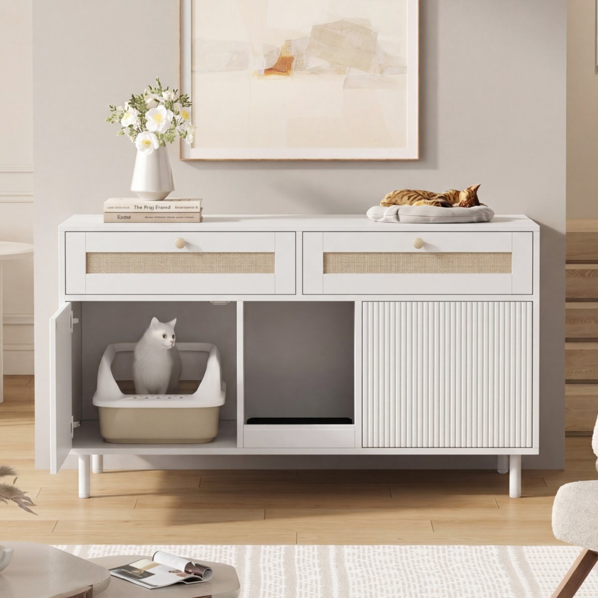 Cat Litter Cabinet With Cat Litter Mat, Cat Litter Cabinet, Pet Cabinet With Rattan Drawer, Pet Sideboard TV Cabinet, Without Cat Litter Box, White, 120x50x65 Cm