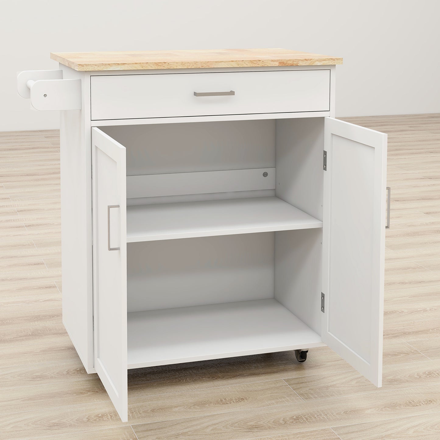 Kitchen Island Rolling Trolley Cart With Adjustable Shelves And Towel Rack Rubber Wood Table Top