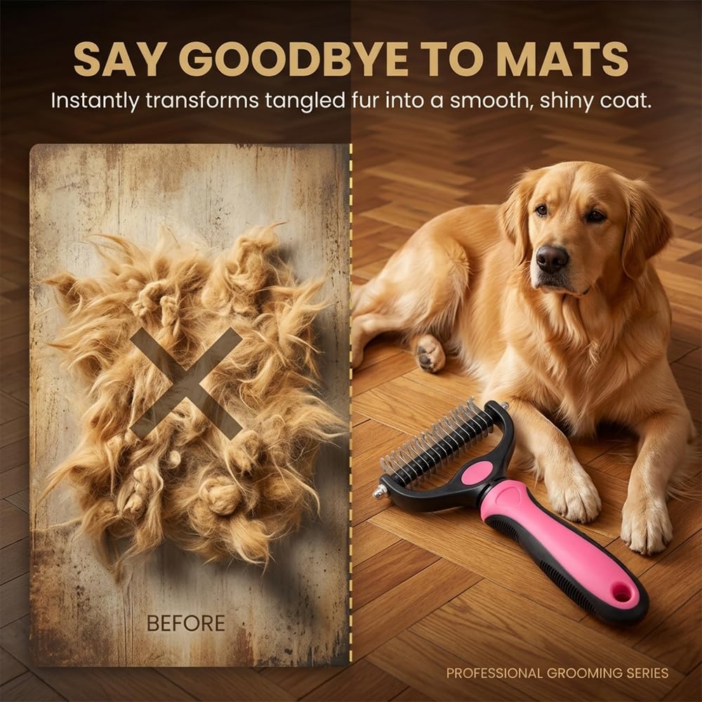 Dematting Comb For Dogs And Cats, Undercoat Rake Pet Brush For Long Hair, Deshedding Dog Brush Removes Tangles Knots And Loose Fur, Grooming Tool For Thick Coats