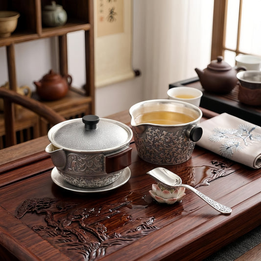 925 Sterling Silver Ornate Engraved Silver Tea Set with Wooden Accents and Floral Motifs - Handicraft