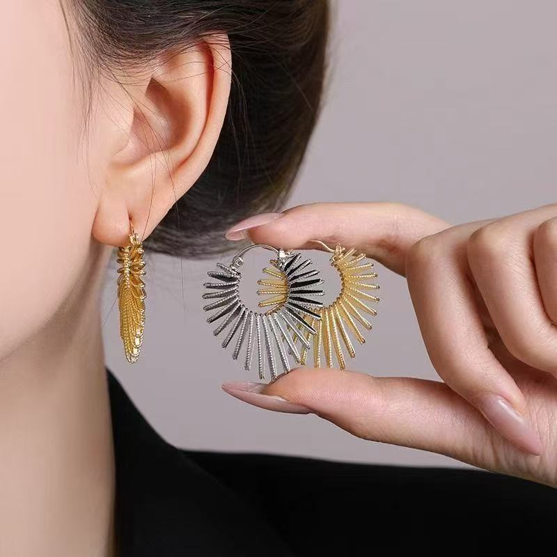 Sweet Cool Style Geometric Fan-shaped Earrings, Heart Line Stud Earrings, Niche Designed Personalized Trendy Jewelry Gift For Women