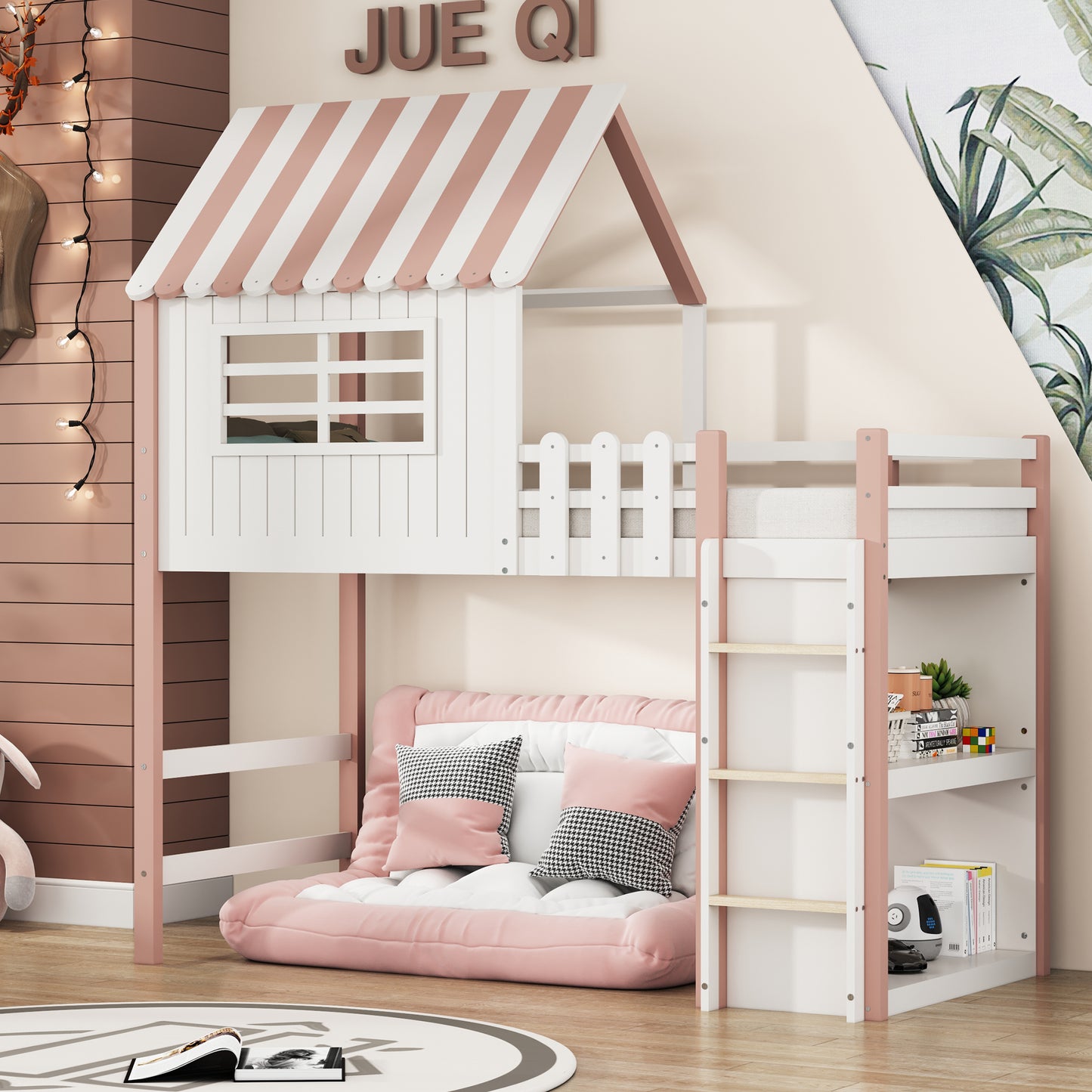 Children's Bed 90x200 Cm High And Low Bed For Boys And Girls Home Bed Roof Shape With Safety Ladder With Storage Compartment Multifunctional Bed Solid Wood Bed With Slatted Base Pink