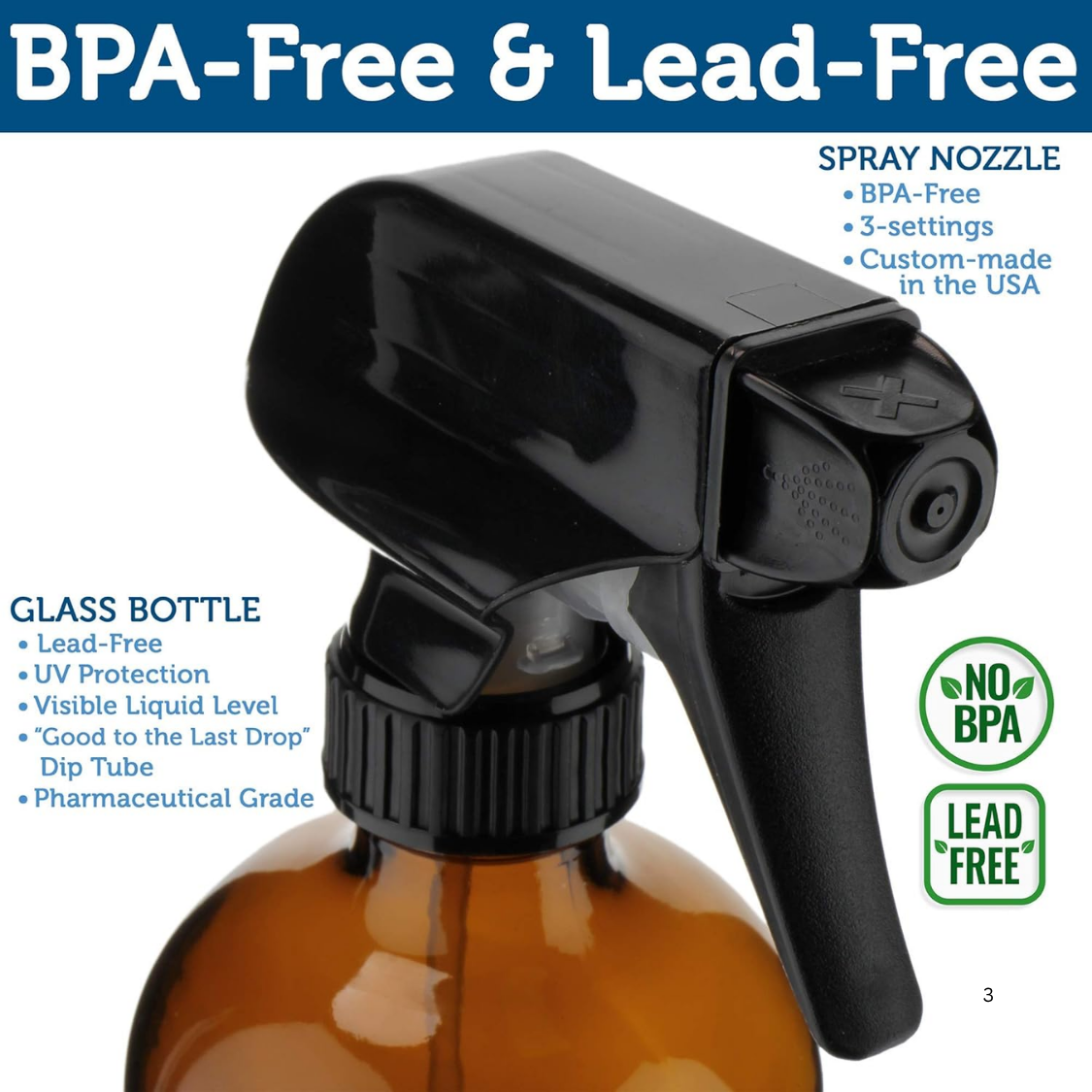 Empty Amber Glass Spray Bottles - 2 Pack - Large 16oz Refillable Bottle For Is Great For Essential Oils, Plants, Cleaning Solutions, Hair - Durable Nozzle - Fine Mist Stream Setting