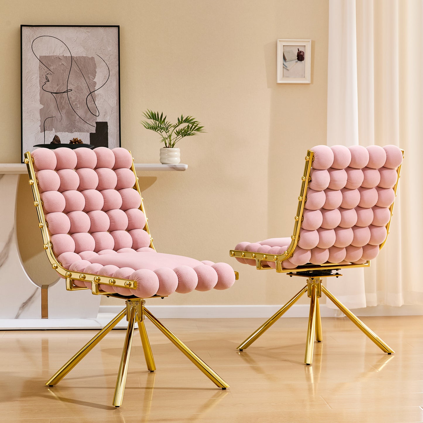 Set Of 2 Modern Pin K Bubble Tufted Accent Chair, Plush Velvet Swivel Chair With Gold Metal Legs, Ergonomic Armless Chair For Living Room, Bedroom & Dining Area