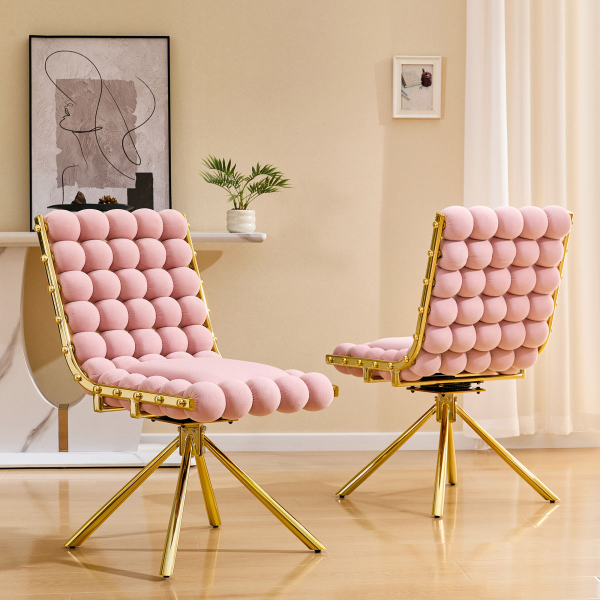 Set Of 2 Modern Pin K Bubble Tufted Accent Chair, Plush Velvet Swivel Chair With Gold Metal Legs, Ergonomic Armless Chair For Living Room, Bedroom & Dining Area