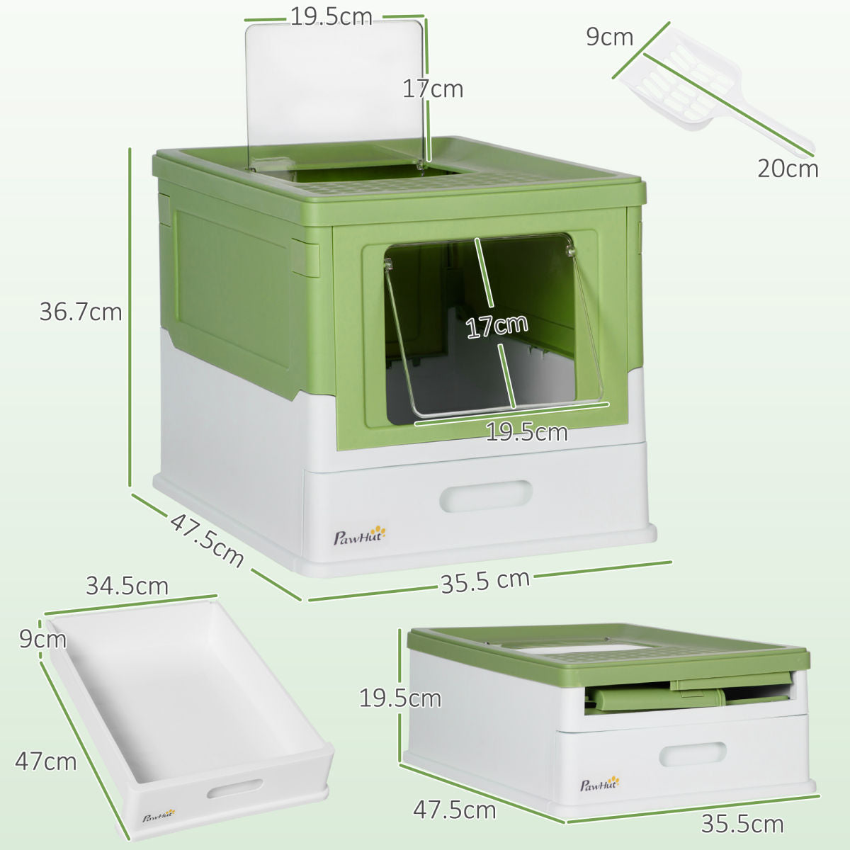 PawHut Hooded Cat Litter Box, Portable Pet Toilet, With Scoop, Front Entry - Light Green