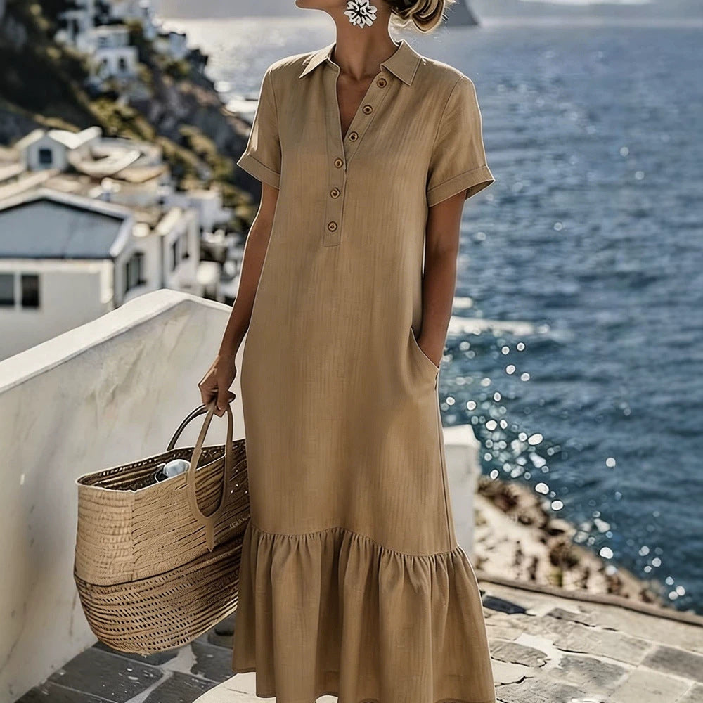 Summer New Womens Casual Loose-Fit Fashionable Pleated Lapel Short-Sleeve Plus-Size Shirt Dress