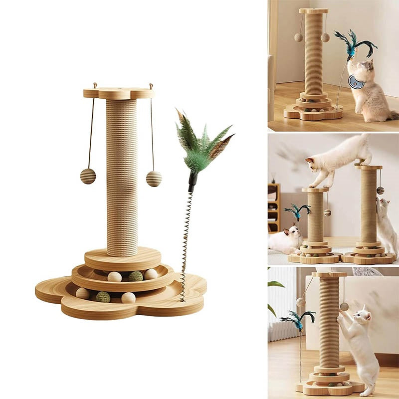 Pet Cat Toy Solid Wood Cat Turntable Funny Cat Stick Balls Durable Sisal Scratch