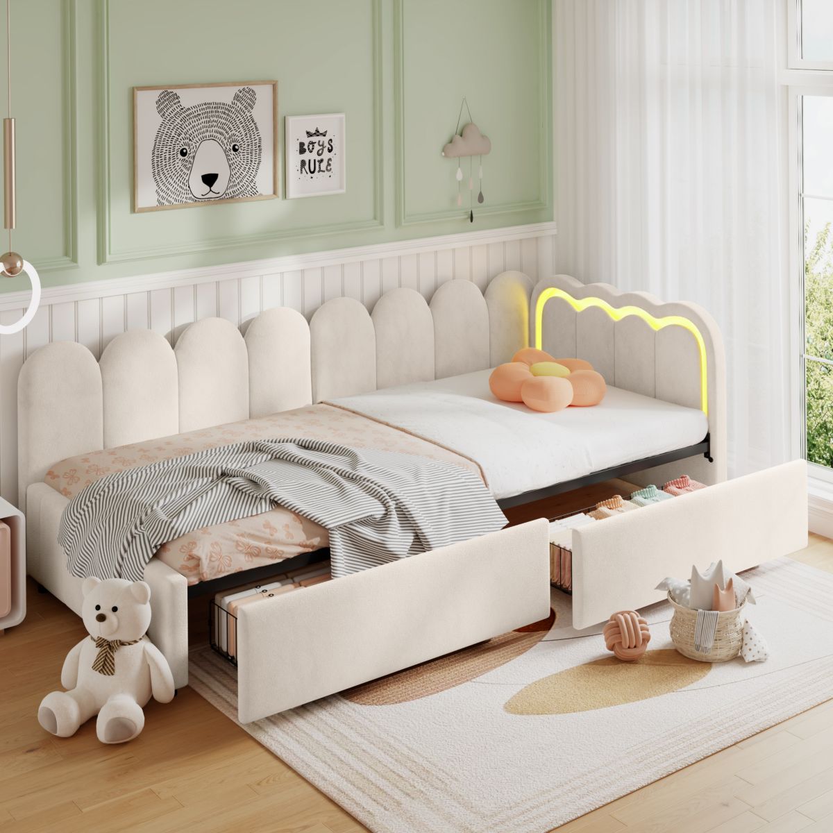 3ft Single Daybed With Smart RGB LED Lights And 2 Storage Drawers, Modern Velvet Youth Bed With Scalloped Backrest And Wooden Slats, Reversible Side Panel, Easy Assembly, Beige  No Mattress