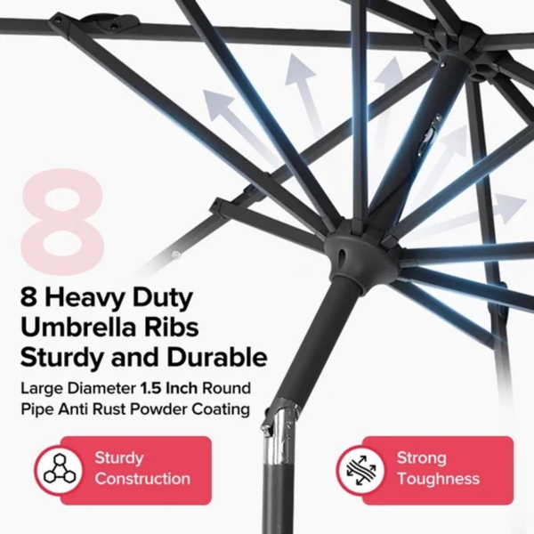 10 Ft Patio Umbrella For Table, Outdoor Sun Umbrella With 32 LED Solar Lights, Red