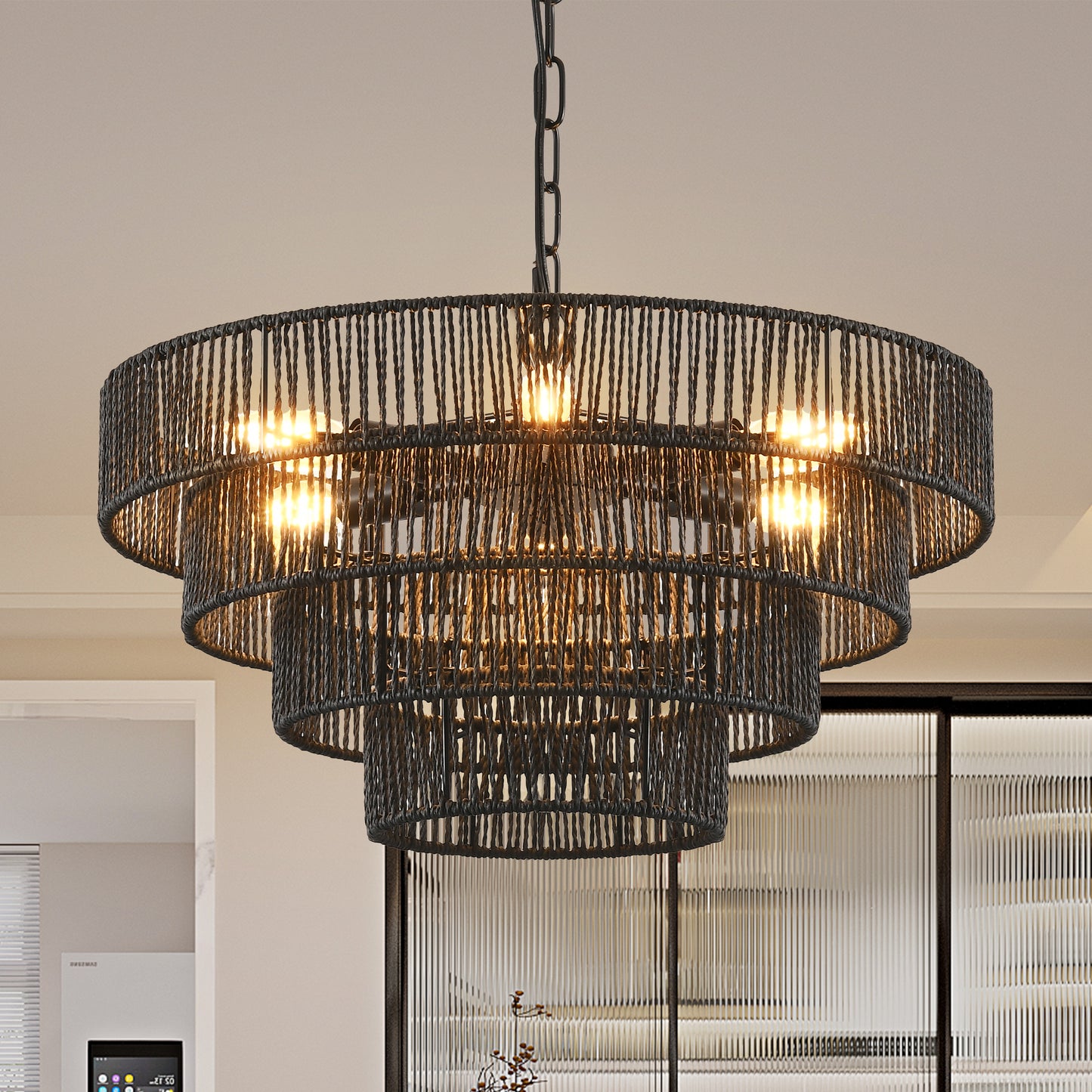 20  Rustic 4-Tier Black Hemp Rope Pendant Light Chandelier With 6 E12 Sockets, Handmade Tiered Boho Ceiling Light Fixture For Dining Room, Kitchen, Or Foyer Bulb Not Included