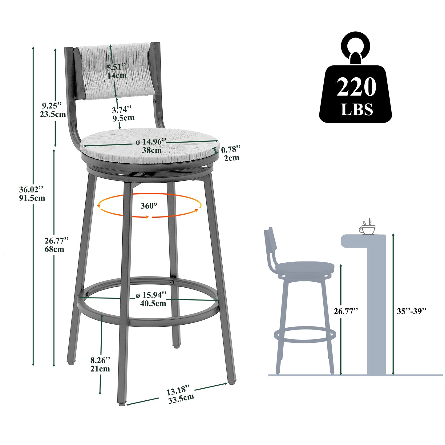 Honey Swivel Bar Stools Paper Rope Handwoven Barstools With Back Set Of 2 Rustic Round Counter Chairs For Dining Room, Kitchen Island  Honey