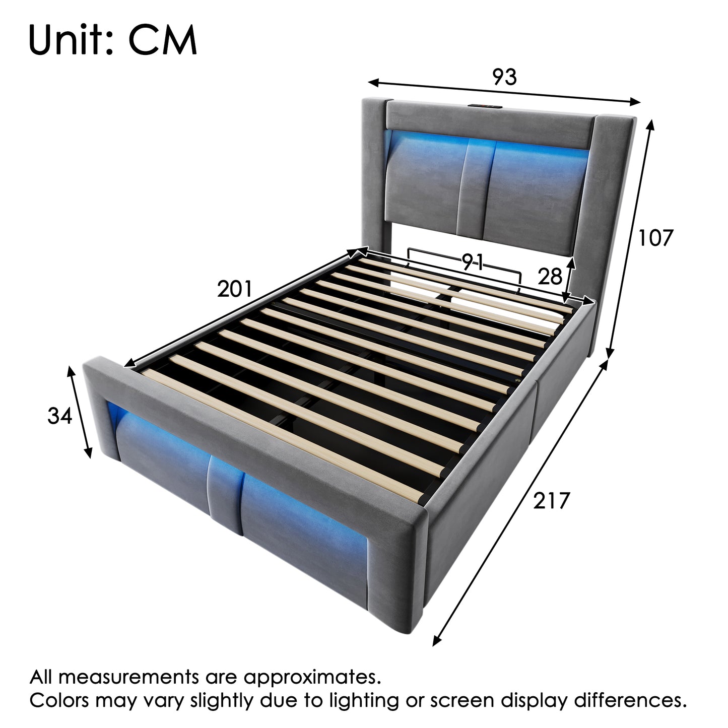 Single Bed 90x200 Cm With Storage, Hydraulic Bed, LED Lighting With App Control, USB & Type-C Charging Ports, Velvet, Headboard With Curved Design, Grey, Without Mattress