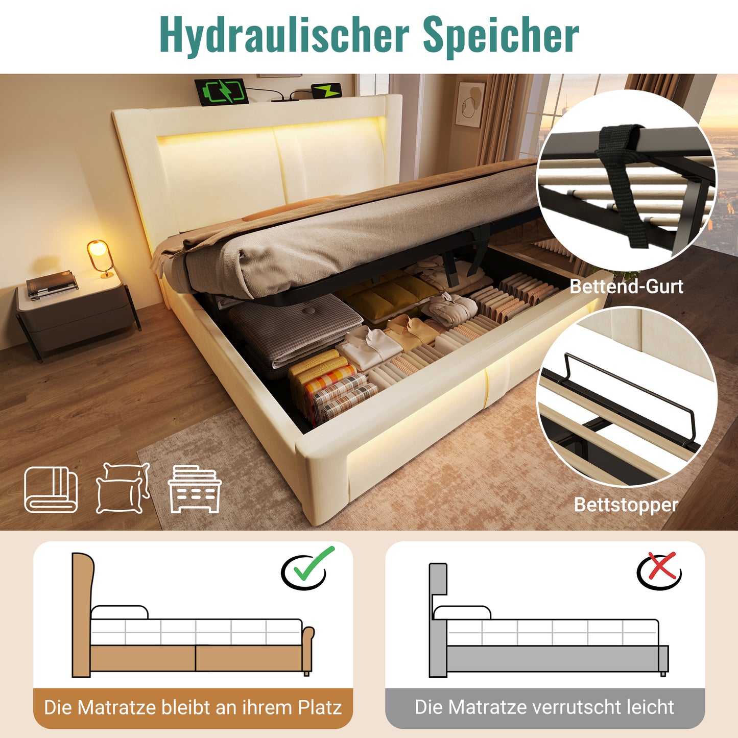 Single Bed 90x200 Cm With Storage, Hydraulic Bed, LED Lighting With App Control, USB & Type-C Charging Ports, Velvet, Headboard With Curved Design, Beige, Without Mattress
