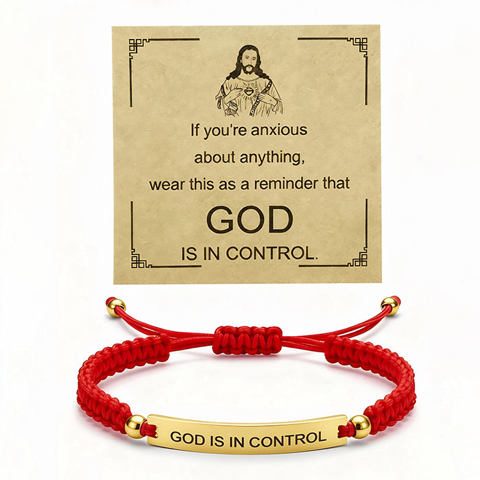 God Is In Control Engraved Bracelet, Handmade Braided Nylon Cord Cuff For Men Women, Stainless Steel Religious Christian Gift With Scripture Card