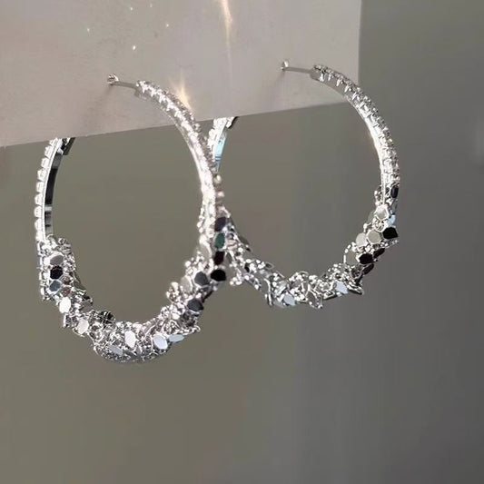 Korean Chic Style Silver Sparkling Rhinestone Big Hoop Earrings For Women, Light Luxury High-End Bold Personality Circle Stud Ear Jewelry