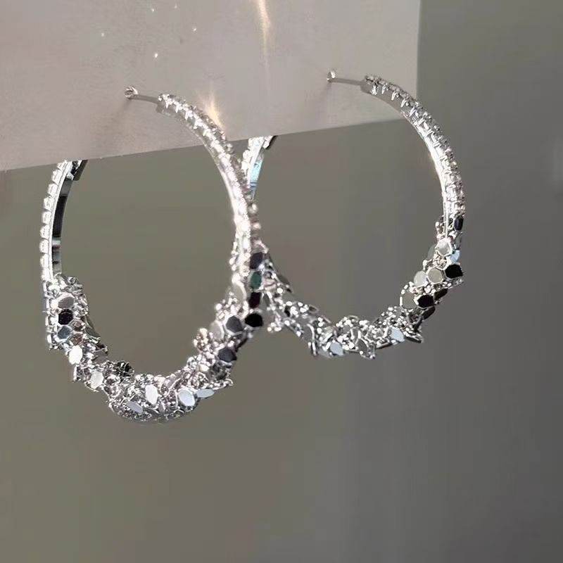 Korean Chic Style Silver Sparkling Rhinestone Big Hoop Earrings For Women, Light Luxury High-End Bold Personality Circle Stud Ear Jewelry