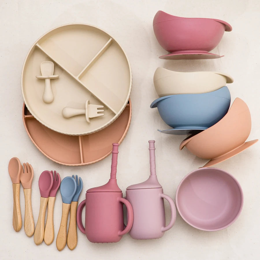 Baby Silicone Cookware Feeding Plate Bowl Set Non-Slip Suction Food Dishes Drinking Cup BPA Free Fork Spoon Children's Tableware