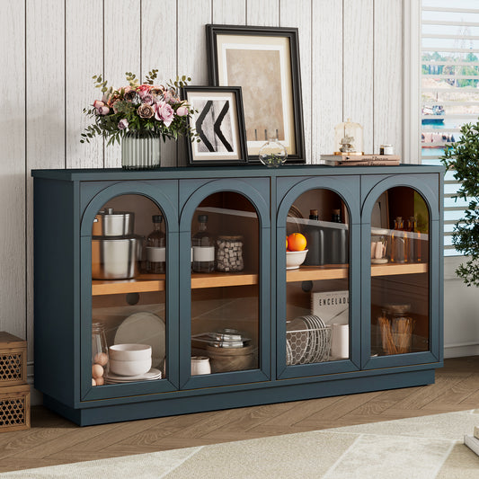 TREXM 4-Door Large Storage Buffet Cabinet With Glass Doors  Arched Cabinet With Adjustable Shelves For Kitchen  Dining Room And Living Room  Navy