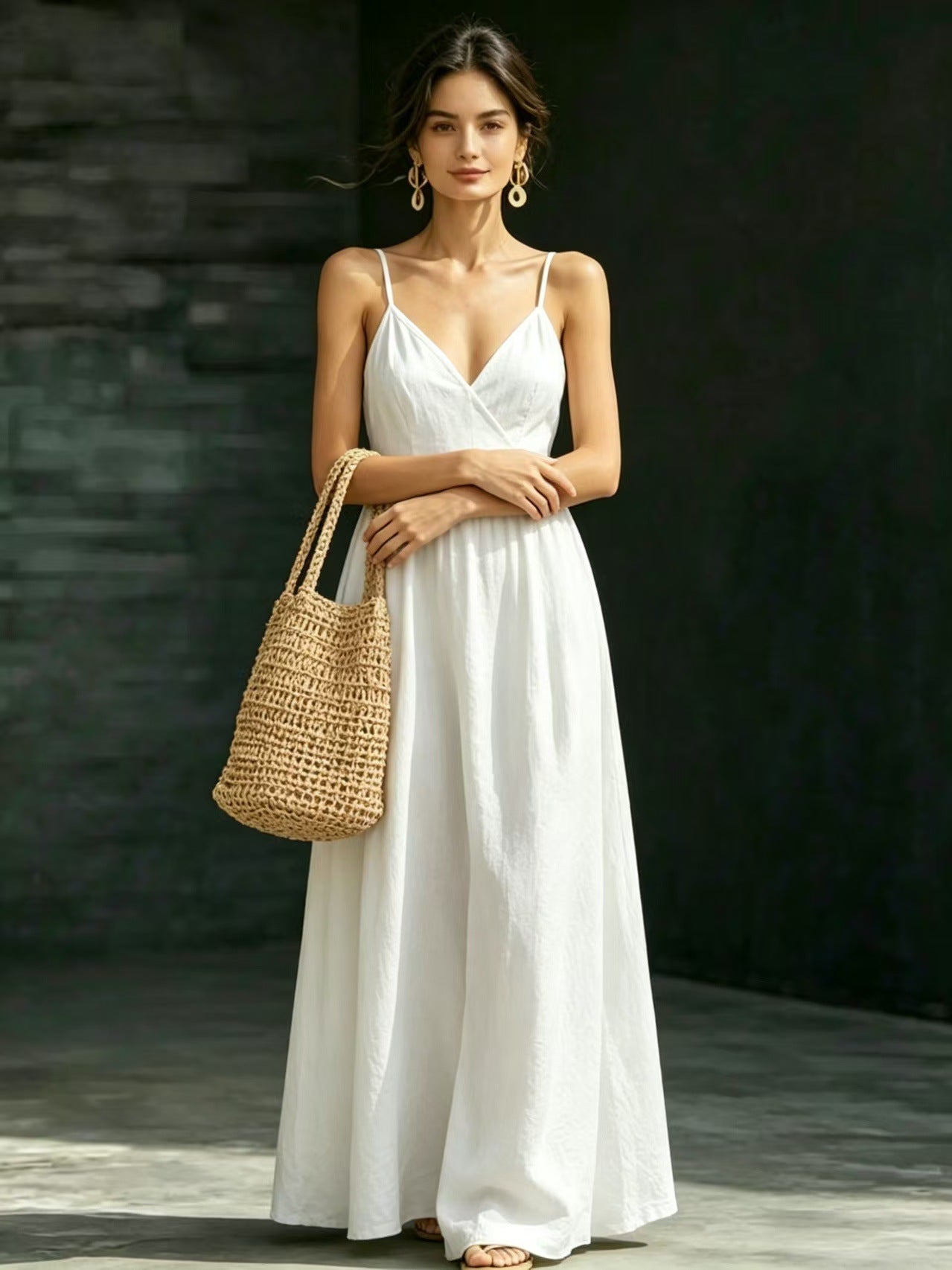 Summer V-Neck Spaghetti Strap Maxi Dress With Pockets - Elegant Vacation & Office Wear For Women