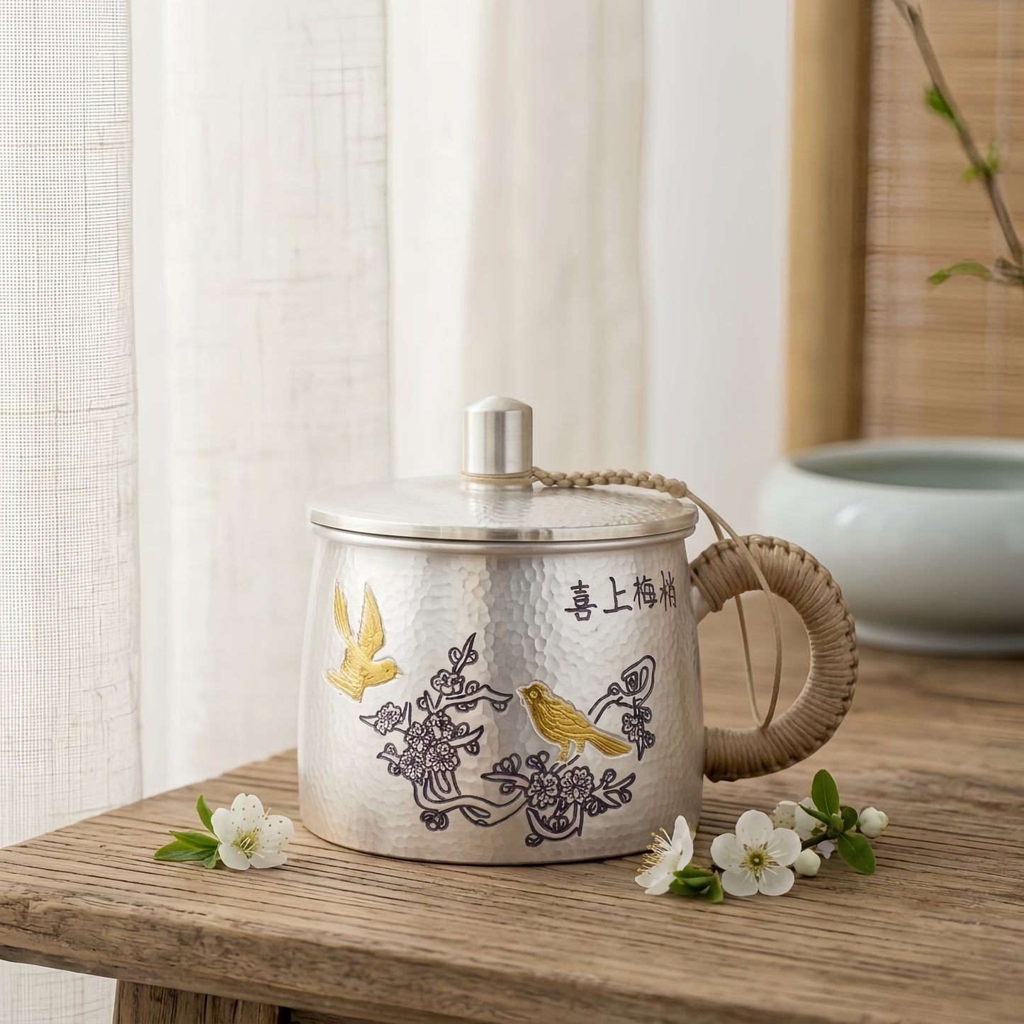 925 Sterling Silver Handcrafted Hammered Silver-Toned Tea Mug with Bird and Plum Blossom Engravings - Handicraft