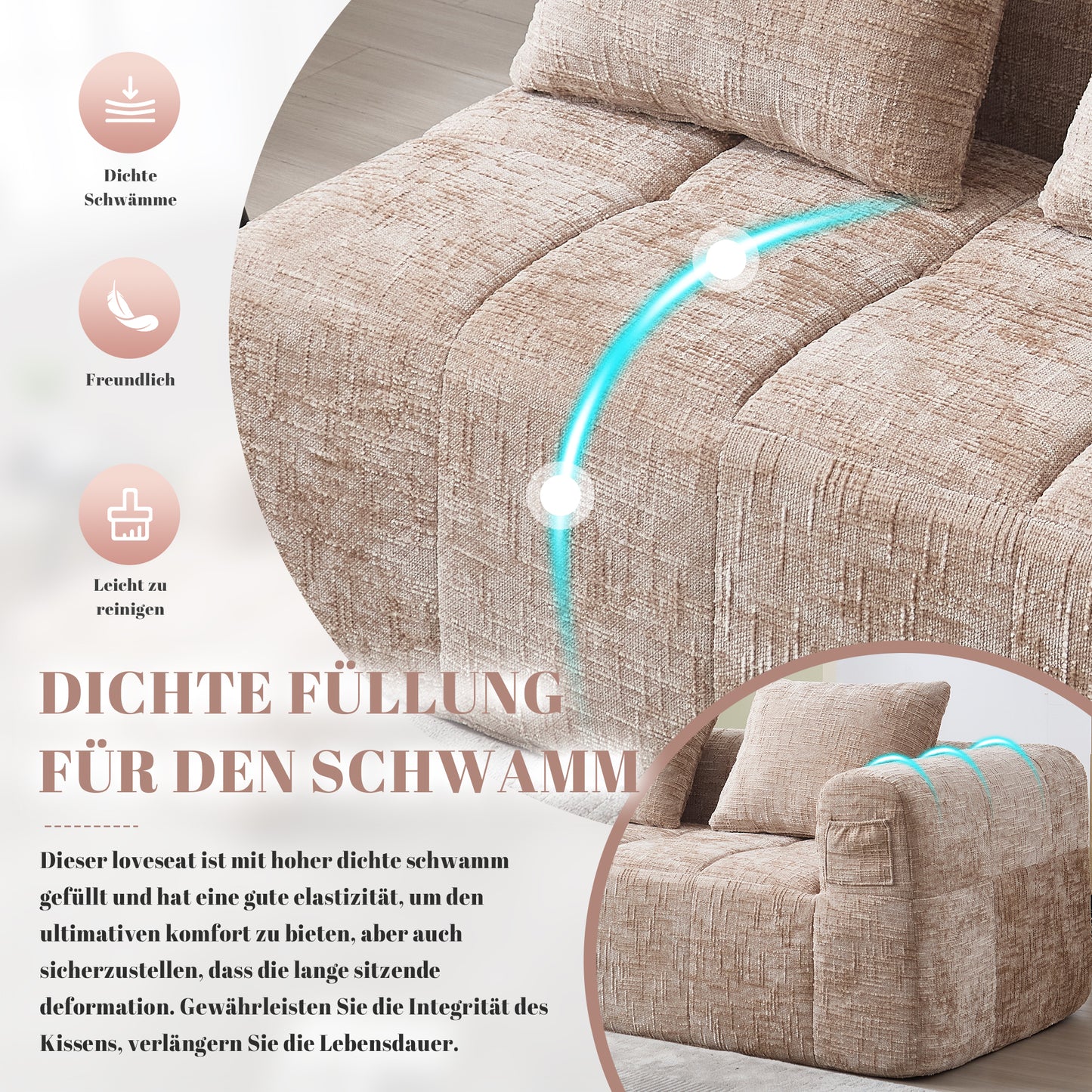 Comfortable Sofa For 2 People, No Assembly Required, Fluffy Sofa With A Cushion, Side Pockets For Remote Control And Mobile Phone, Neat And Stylish, Khaki